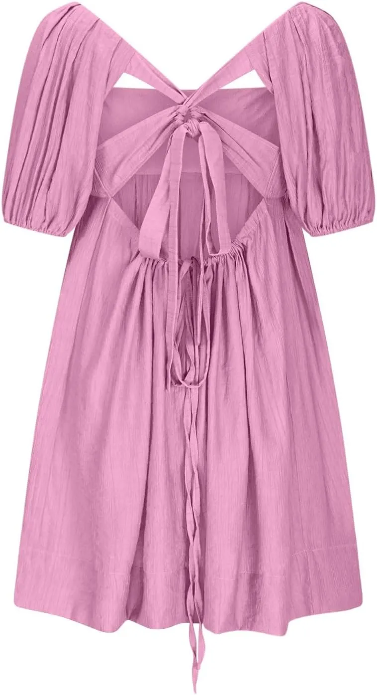 Women's Casual Summer Dress Babydoll with Statement Puff Sleeves, Pleated Detailing and Cinch Tie-Back Mini Dresses