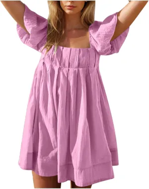 Women's Casual Summer Dress Babydoll with Statement Puff Sleeves, Pleated Detailing and Cinch Tie-Back Mini Dresses
