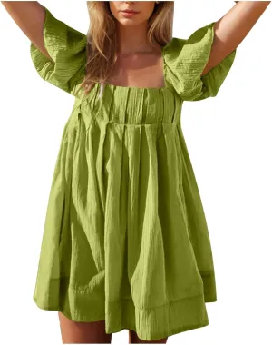 Women's Casual Summer Dress Babydoll with Statement Puff Sleeves, Pleated Detailing and Cinch Tie-Back Mini Dresses