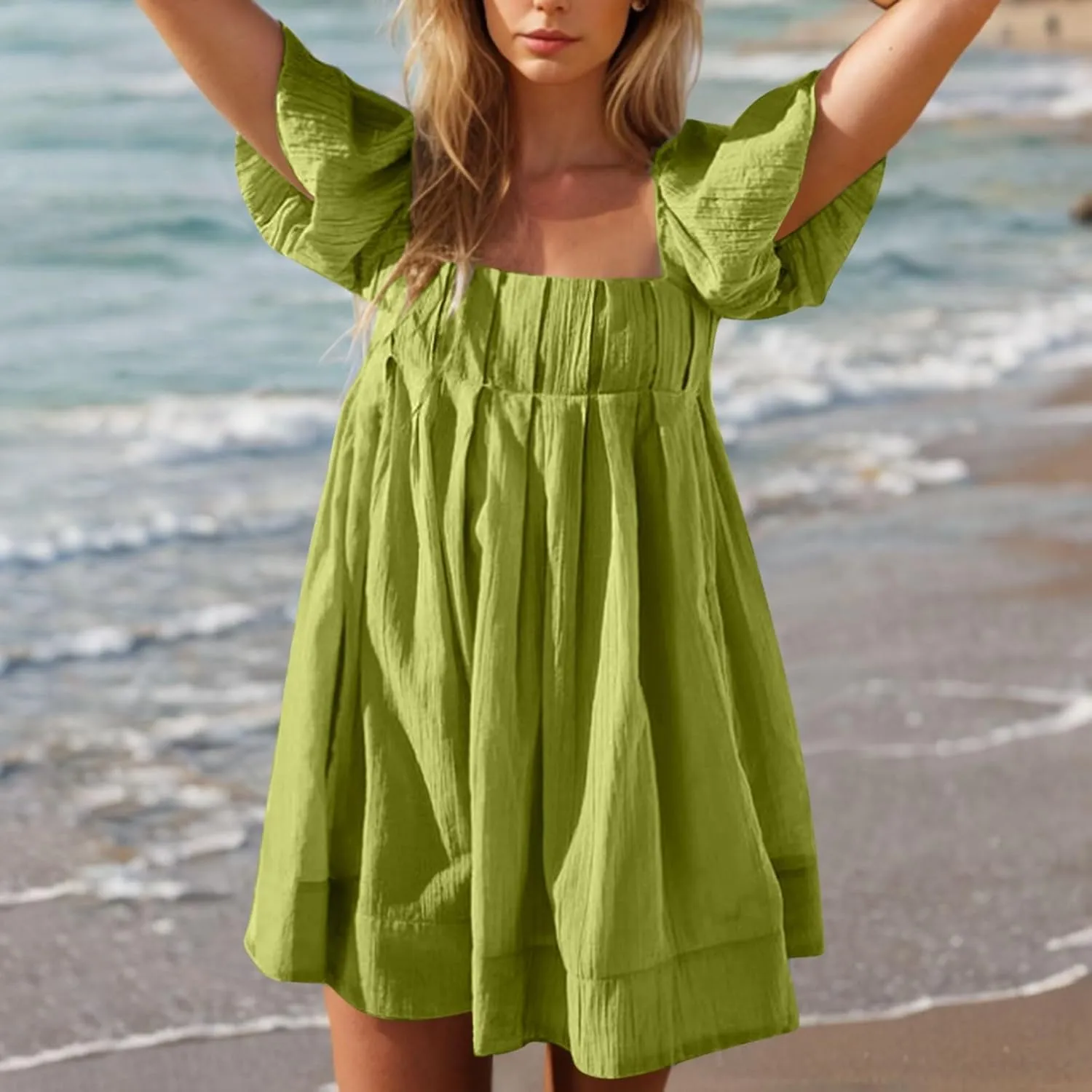 Women's Casual Summer Dress Babydoll with Statement Puff Sleeves, Pleated Detailing and Cinch Tie-Back Mini Dresses