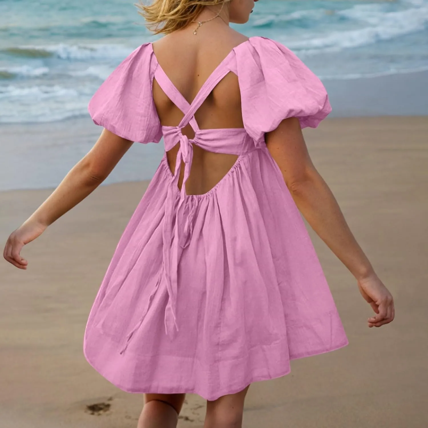 Women's Casual Summer Dress Babydoll with Statement Puff Sleeves, Pleated Detailing and Cinch Tie-Back Mini Dresses
