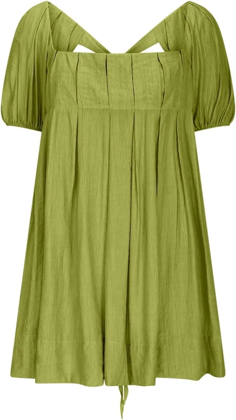 Women's Casual Summer Dress Babydoll with Statement Puff Sleeves, Pleated Detailing and Cinch Tie-Back Mini Dresses