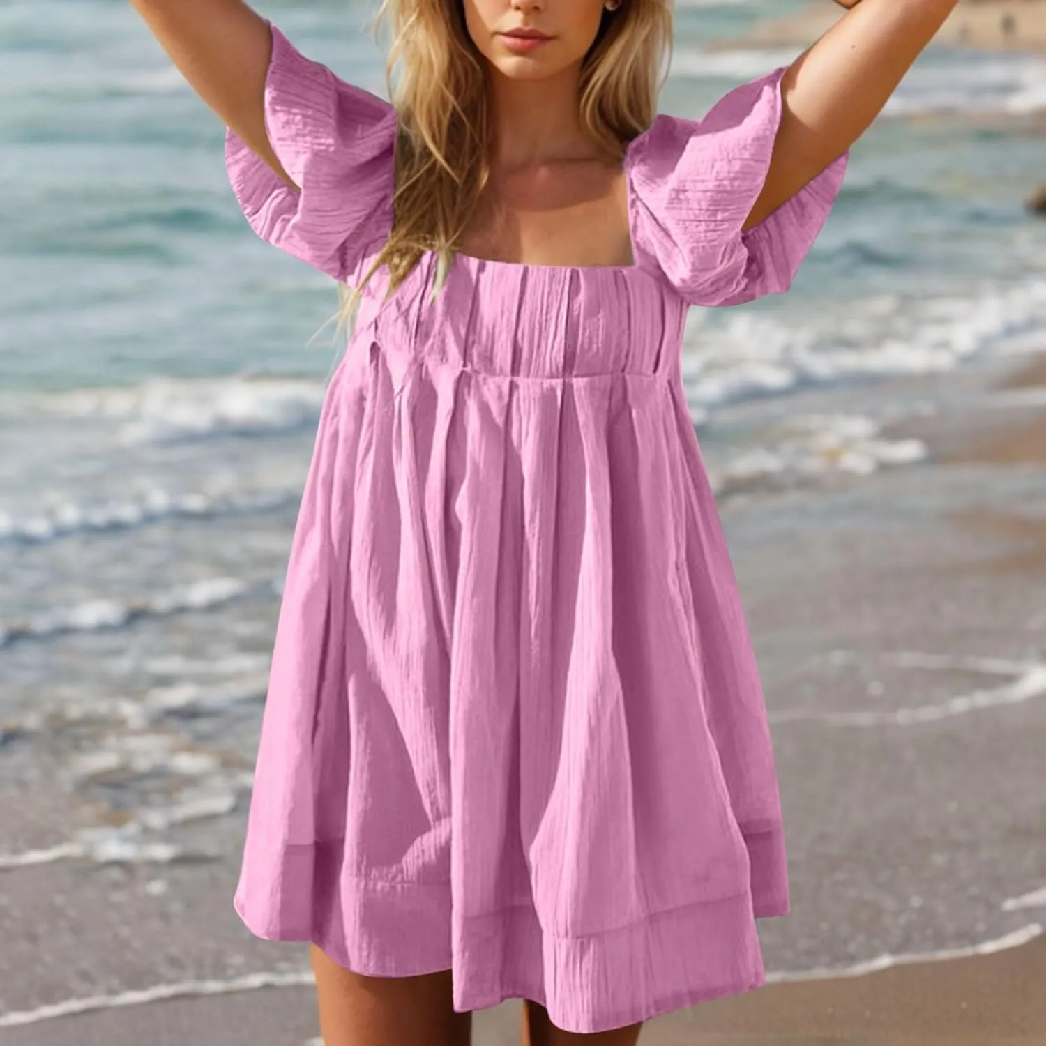 Women's Casual Summer Dress Babydoll with Statement Puff Sleeves, Pleated Detailing and Cinch Tie-Back Mini Dresses
