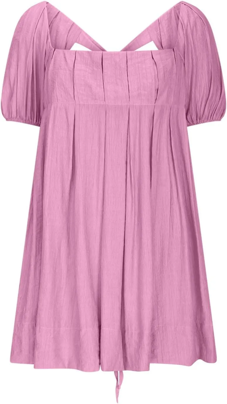 Women's Casual Summer Dress Babydoll with Statement Puff Sleeves, Pleated Detailing and Cinch Tie-Back Mini Dresses