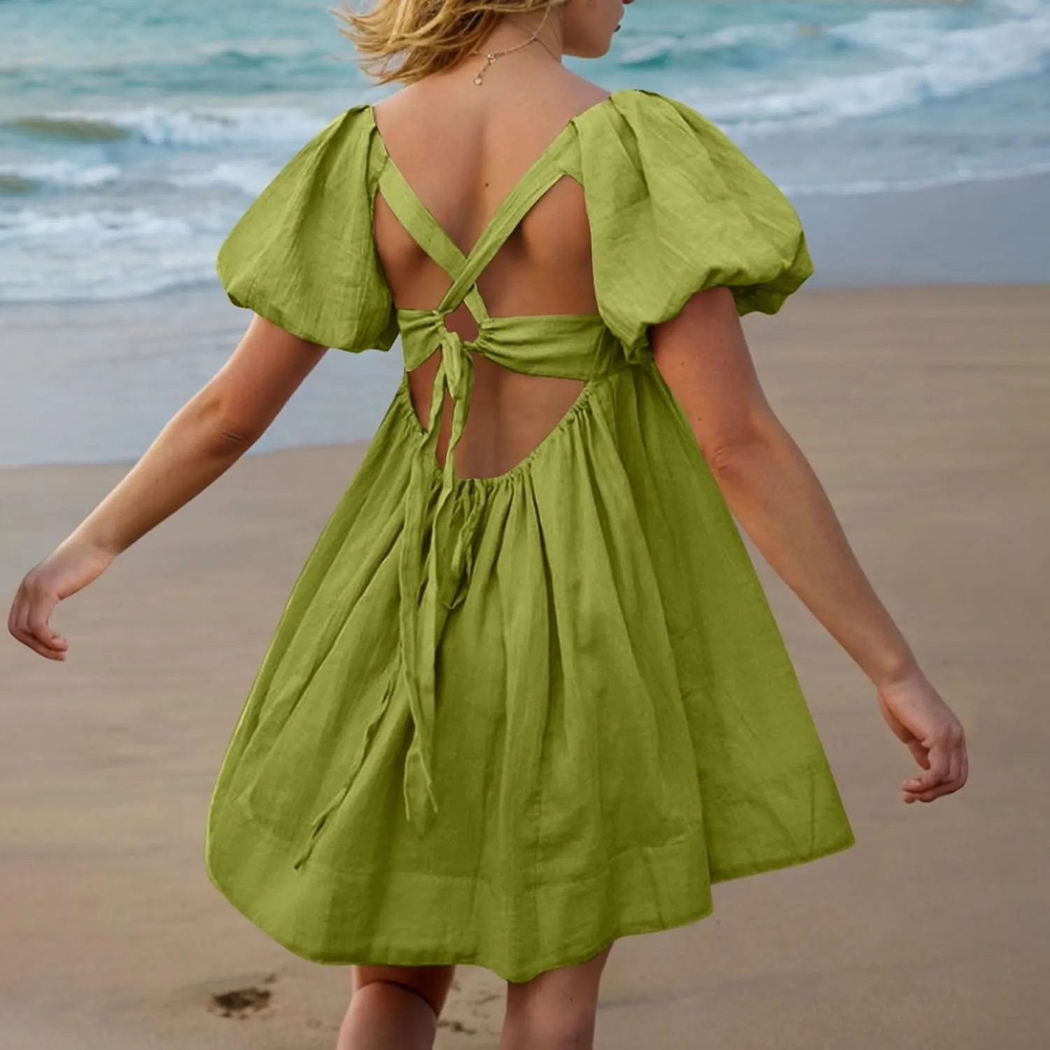 Women's Casual Summer Dress Babydoll with Statement Puff Sleeves, Pleated Detailing and Cinch Tie-Back Mini Dresses