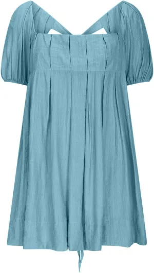 Women's Casual Summer Dress Babydoll with Statement Puff Sleeves, Pleated Detailing and Cinch Tie-Back Mini Dresses