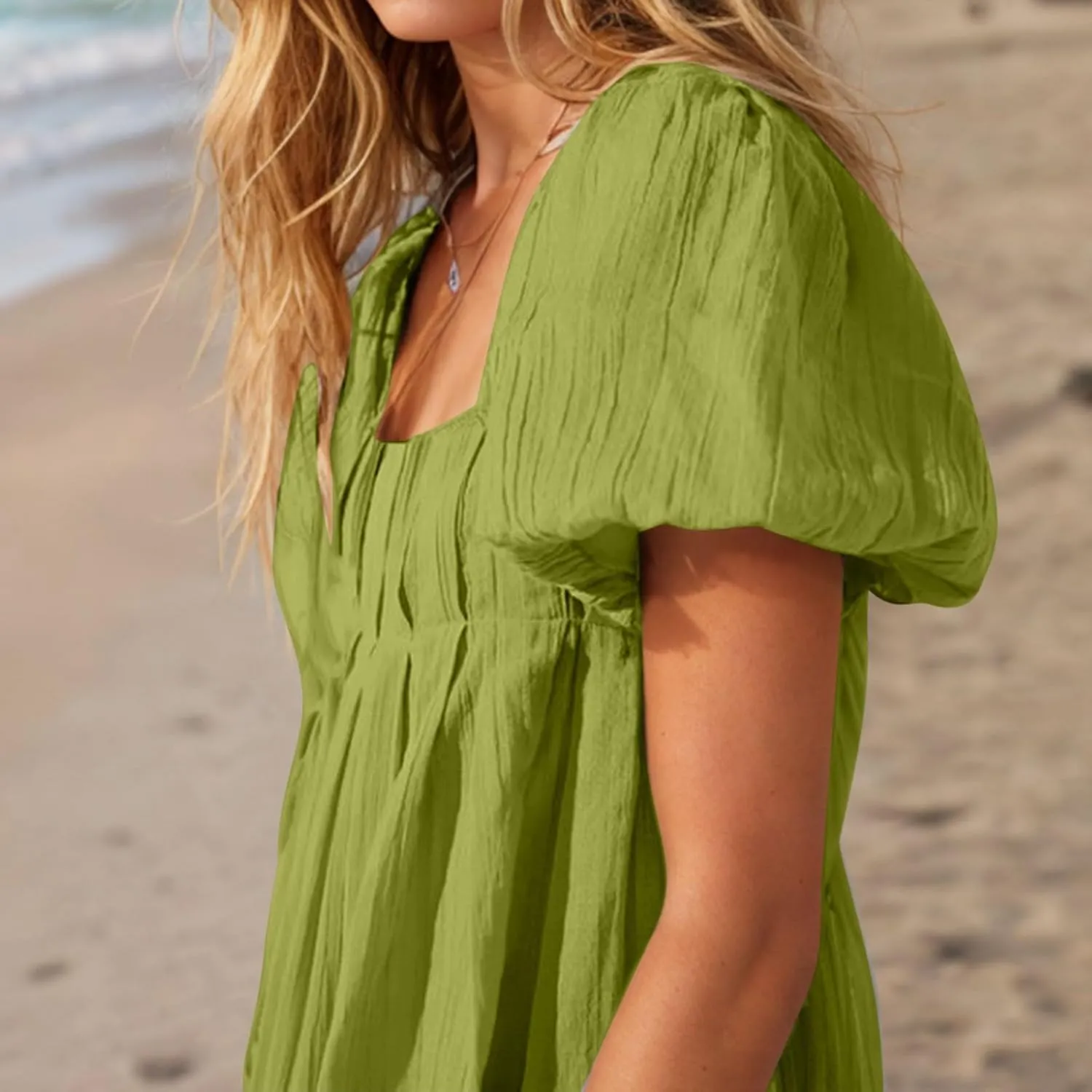 Women's Casual Summer Dress Babydoll with Statement Puff Sleeves, Pleated Detailing and Cinch Tie-Back Mini Dresses