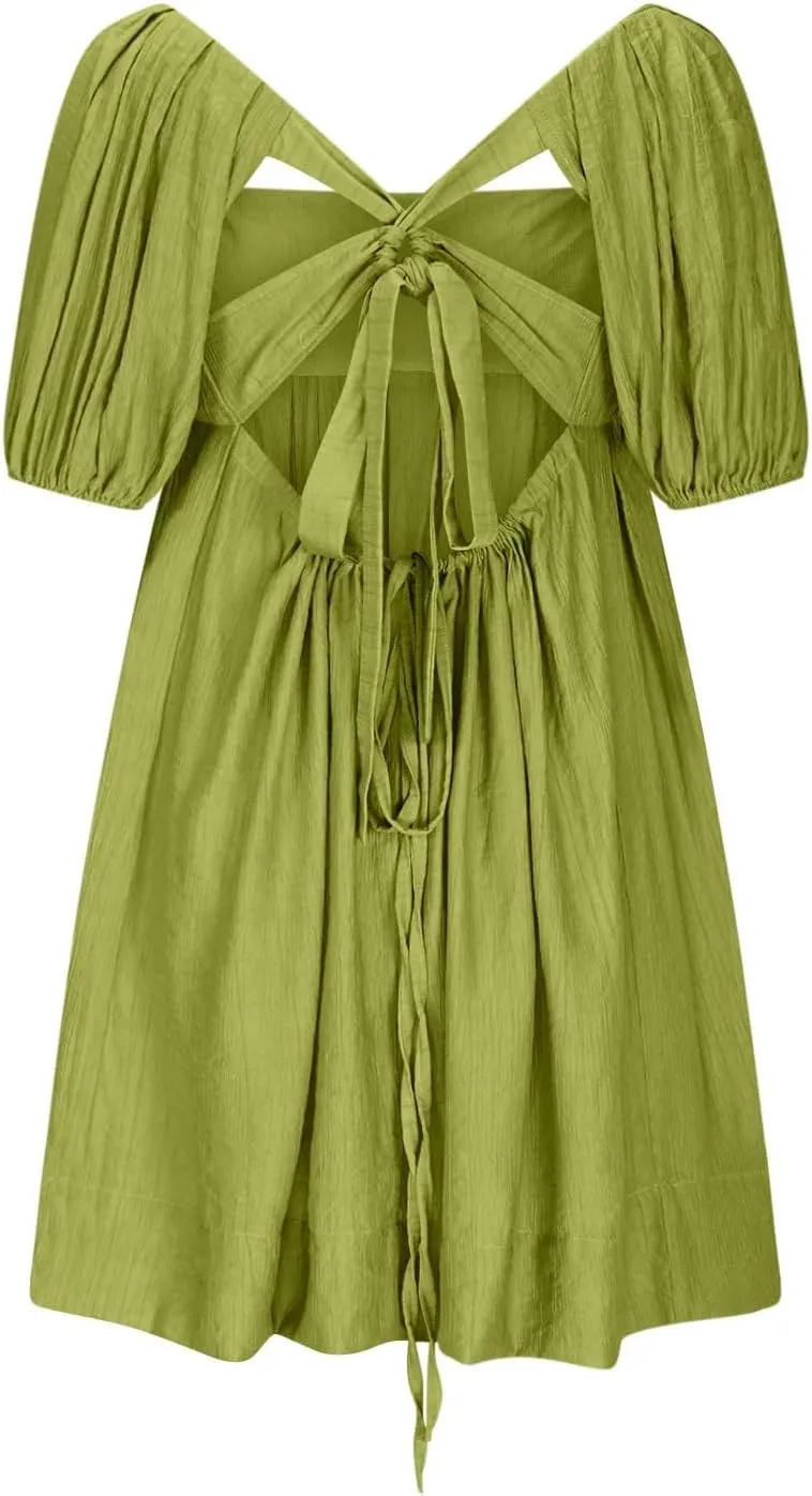 Women's Casual Summer Dress Babydoll with Statement Puff Sleeves, Pleated Detailing and Cinch Tie-Back Mini Dresses