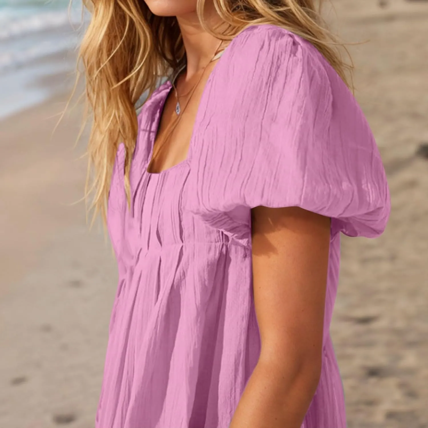Women's Casual Summer Dress Babydoll with Statement Puff Sleeves, Pleated Detailing and Cinch Tie-Back Mini Dresses