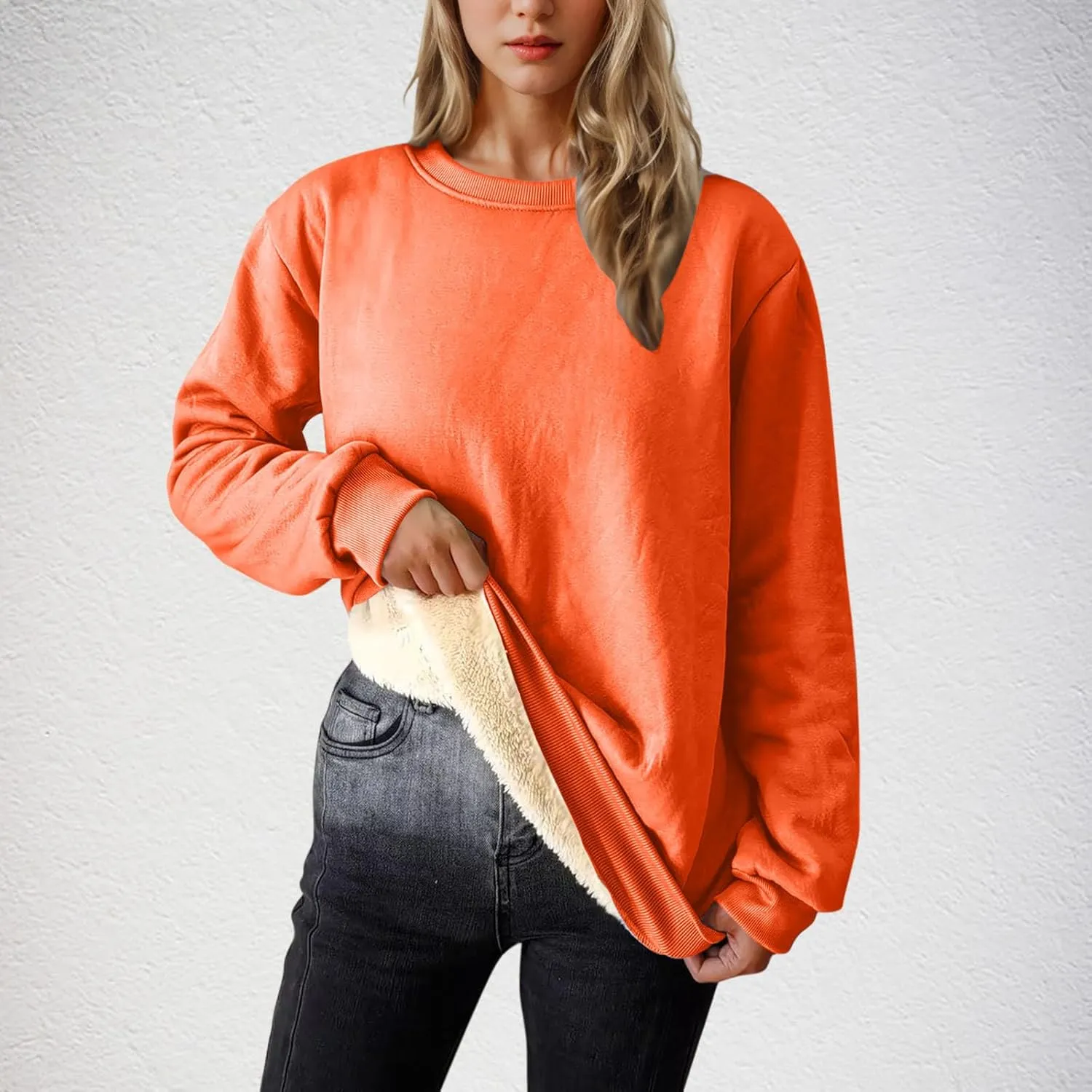 Women's Crewneck Sweatshirts Sherpa Lined Winter Tops Thicken Warm Pullover Sweatshirt Long Sleeve Thermal Shirts