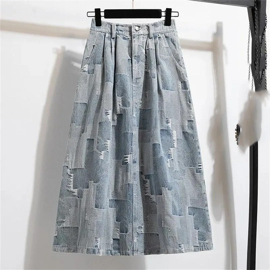 Women's Elegant Vintage High Waist Slim Fit Denim A-Line Long Skirt Cotton Knit Slim Fit Casual Skirt