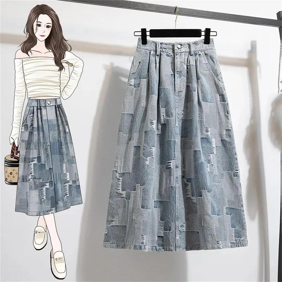 Women's Elegant Vintage High Waist Slim Fit Denim A-Line Long Skirt Cotton Knit Slim Fit Casual Skirt