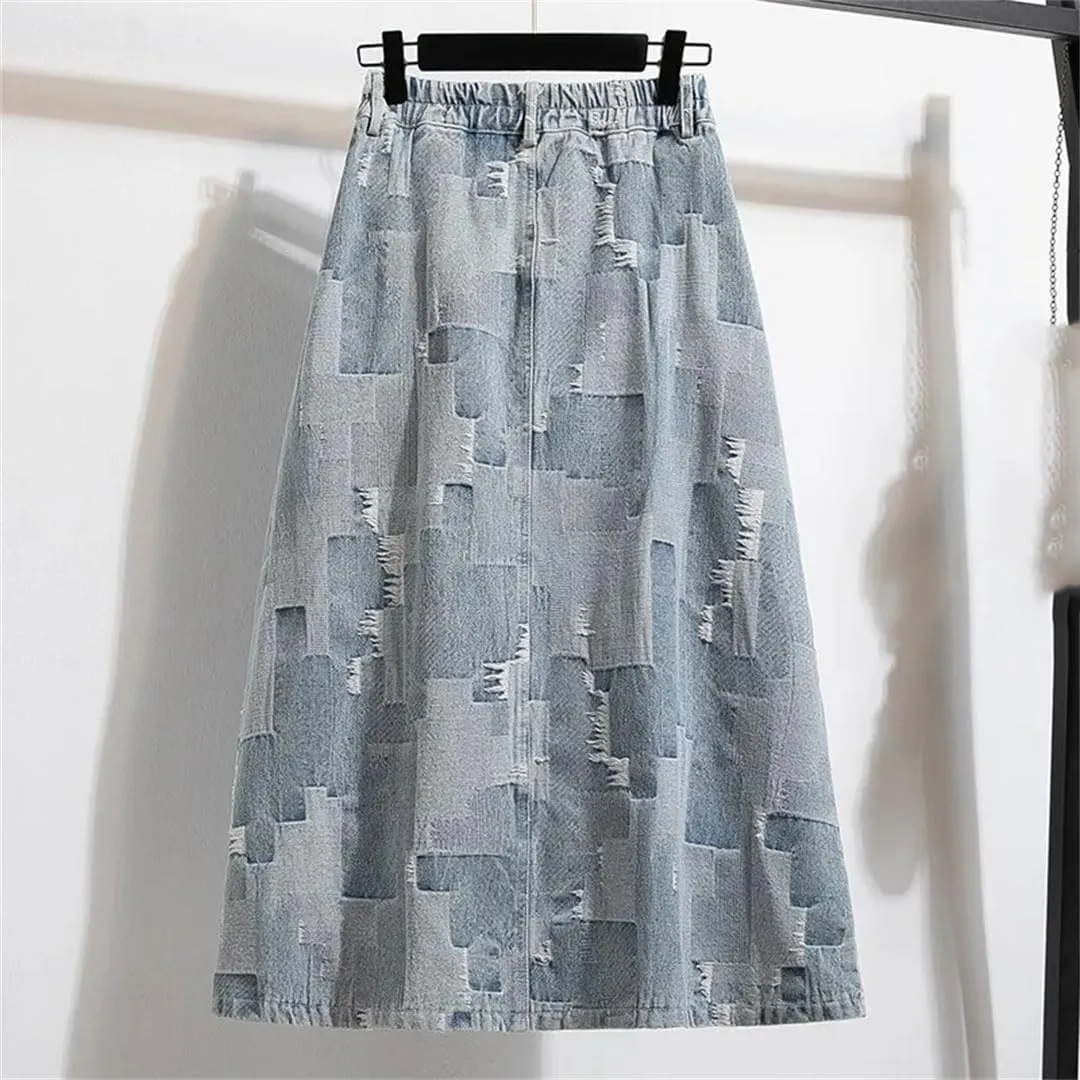 Women's Elegant Vintage High Waist Slim Fit Denim A-Line Long Skirt Cotton Knit Slim Fit Casual Skirt