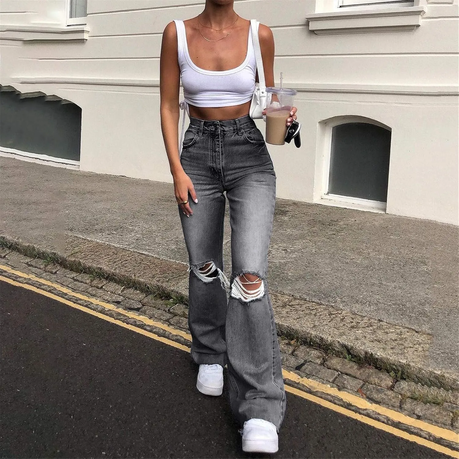Women's Flare Bell Bottom Jeans Ripped Jeans,Stretch Denim Pants Flare Leg Bootcut Distressed Jeans Y2K Jeans