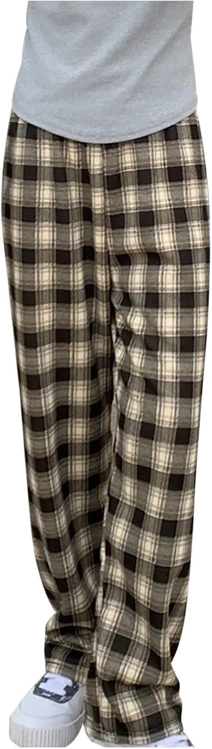 Women's Fleece Lined Thermal Pants Yoga Straight Leg Winter Trousers High Waisted Thick Thermal Leggings Plaid Pants