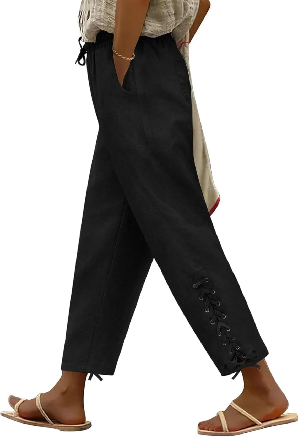 Womens Lightweight Pants with Pockets High Waist Comfy White Pants Casual Lightweight Loose Trousers