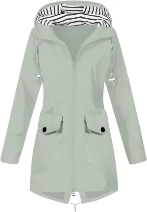 Women's Long Hooded Rain Jacket Outdoor Hiking Raincoat Raincoat Windbreaker Lightweight Hooded Jackets Trench Coats