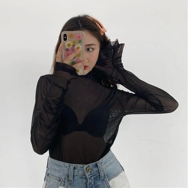 Women's Long Sleeve Mesh Turtleneck - Slim Fit Summer Top, Breathable Sun-Proof Blouse