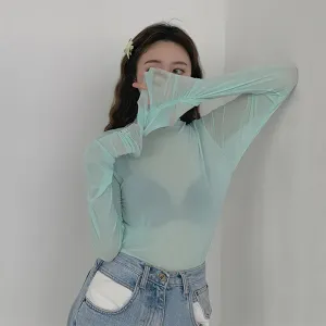 Women's Long Sleeve Mesh Turtleneck - Slim Fit Summer Top, Breathable Sun-Proof Blouse