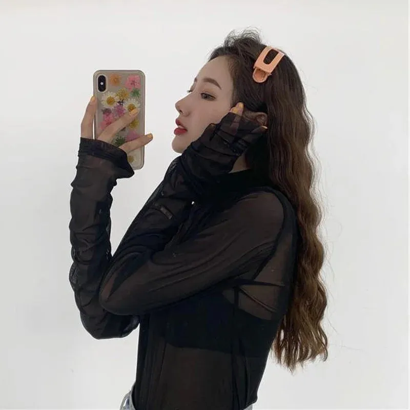 Women's Long Sleeve Mesh Turtleneck - Slim Fit Summer Top, Breathable Sun-Proof Blouse