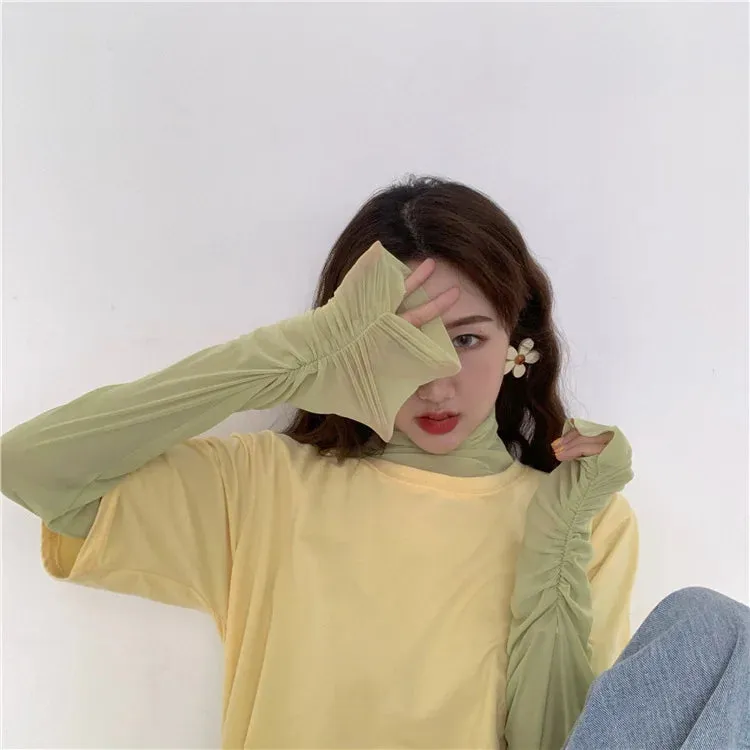 Women's Long Sleeve Mesh Turtleneck - Slim Fit Summer Top, Breathable Sun-Proof Blouse