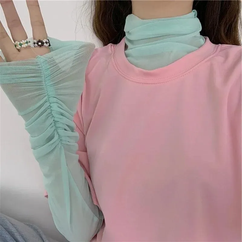 Women's Long Sleeve Mesh Turtleneck - Slim Fit Summer Top, Breathable Sun-Proof Blouse