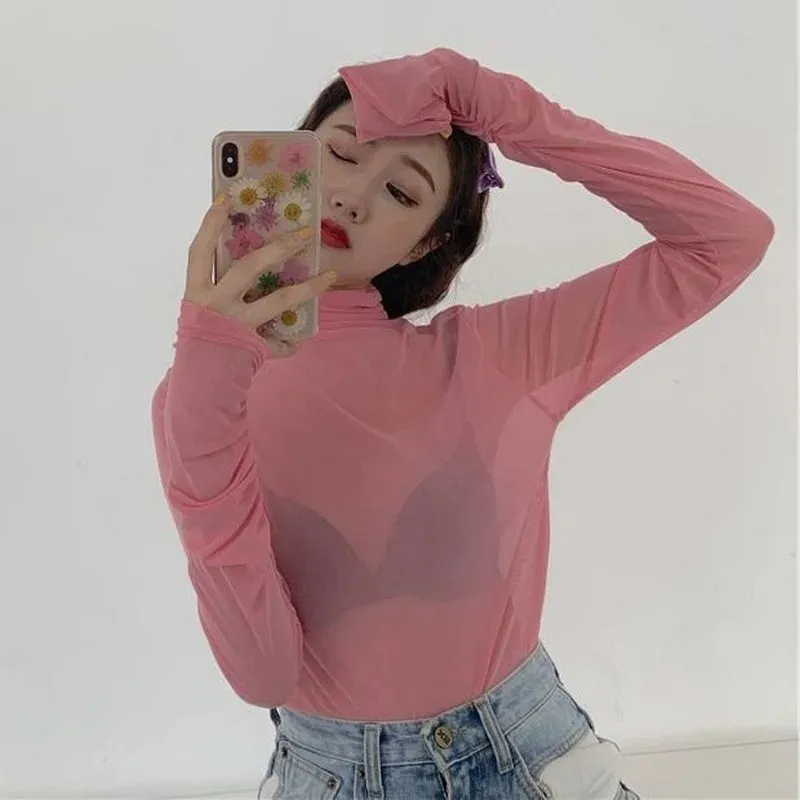 Women's Long Sleeve Mesh Turtleneck - Slim Fit Summer Top, Breathable Sun-Proof Blouse
