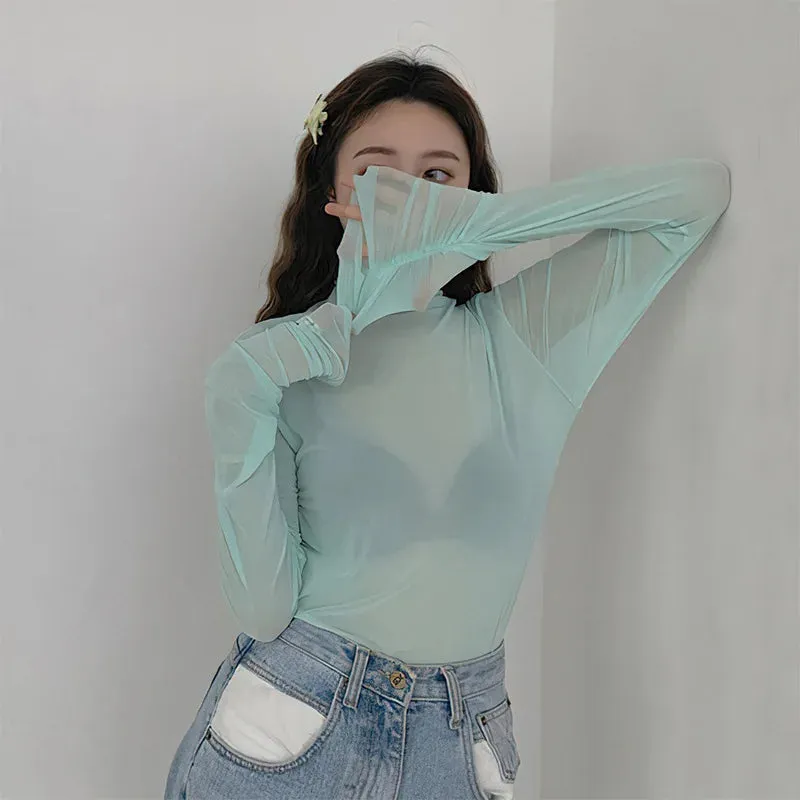 Women's Long Sleeve Mesh Turtleneck - Slim Fit Summer Top, Breathable Sun-Proof Blouse