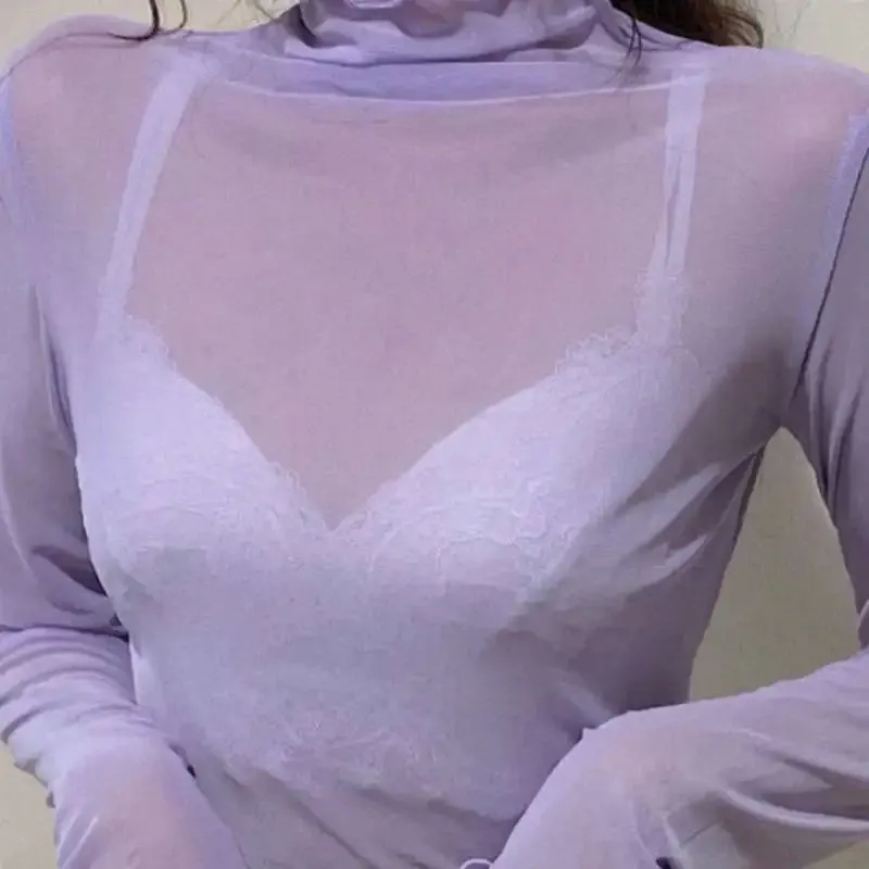 Women's Long Sleeve Mesh Turtleneck - Slim Fit Summer Top, Breathable Sun-Proof Blouse