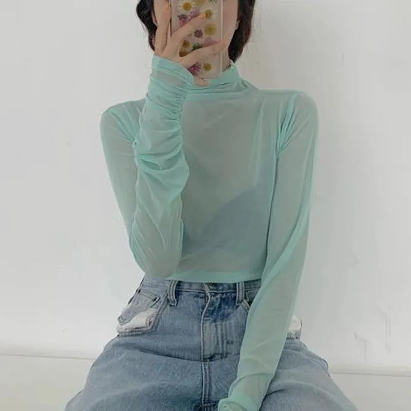 Women's Long Sleeve Mesh Turtleneck - Slim Fit Summer Top, Breathable Sun-Proof Blouse