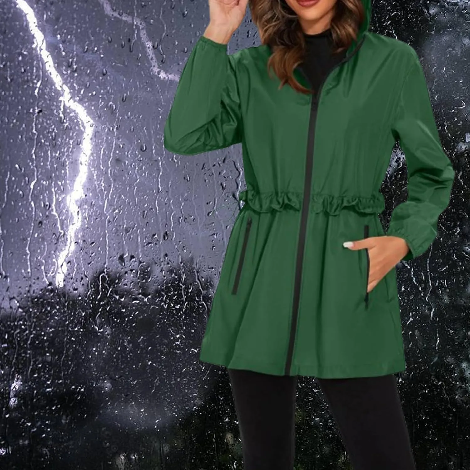 Womens Rain Jacket with Hood Lightweight Packable Waterproof Jackets Long Sleeve Windbreaker Rain Coats with Pockets