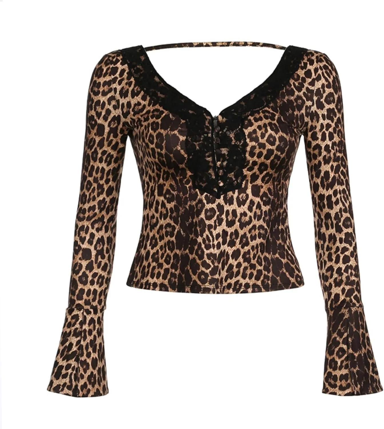 Womens Sexy Flared Sleeves V Neck Fitted Leopard Print Cheetah Tops Lace Trim Backless Top Street Sweatershirt