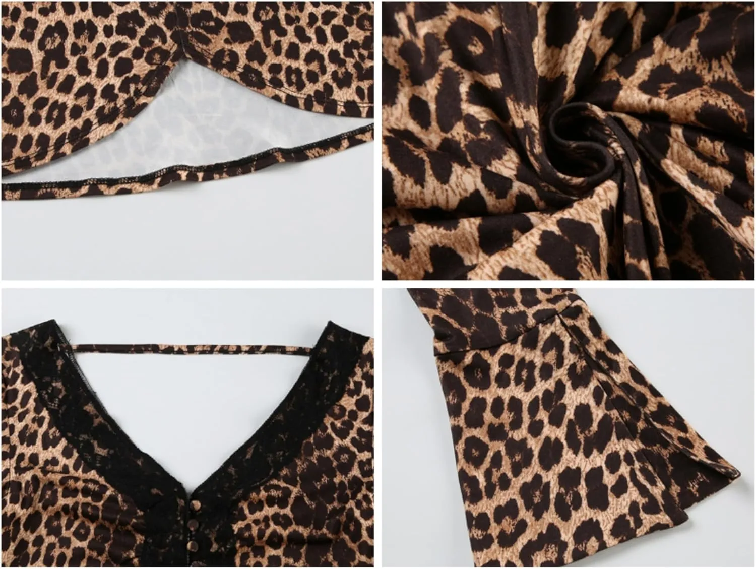 Womens Sexy Flared Sleeves V Neck Fitted Leopard Print Cheetah Tops Lace Trim Backless Top Street Sweatershirt