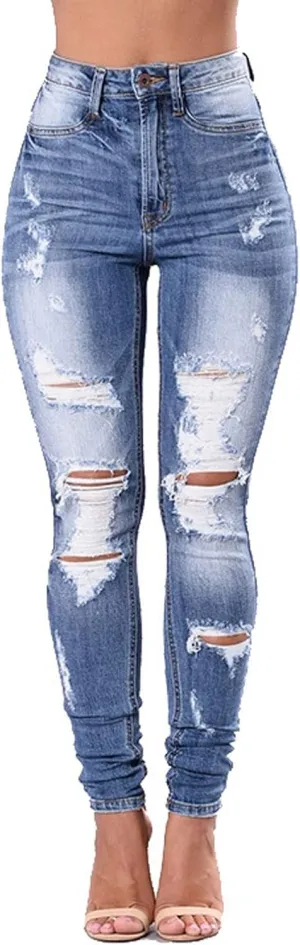 Women's Skinny Jeans Cute Distressed Jeans Patchwork Destroyed Raw Hem Jeans Stretchy Denim Pants