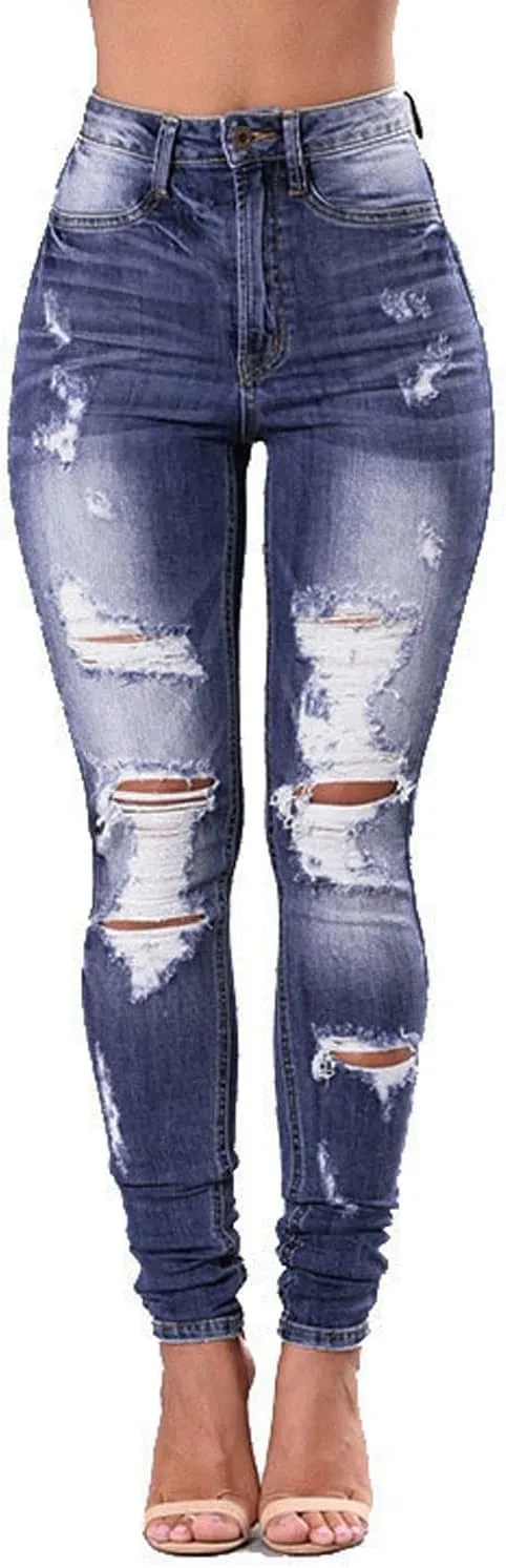 Women's Skinny Jeans Cute Distressed Jeans Patchwork Destroyed Raw Hem Jeans Stretchy Denim Pants