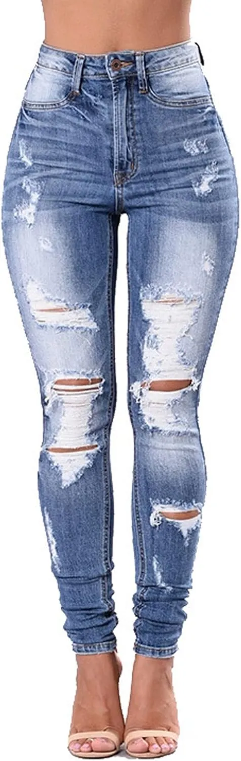 Women's Skinny Jeans Cute Distressed Jeans Patchwork Destroyed Raw Hem Jeans Stretchy Denim Pants