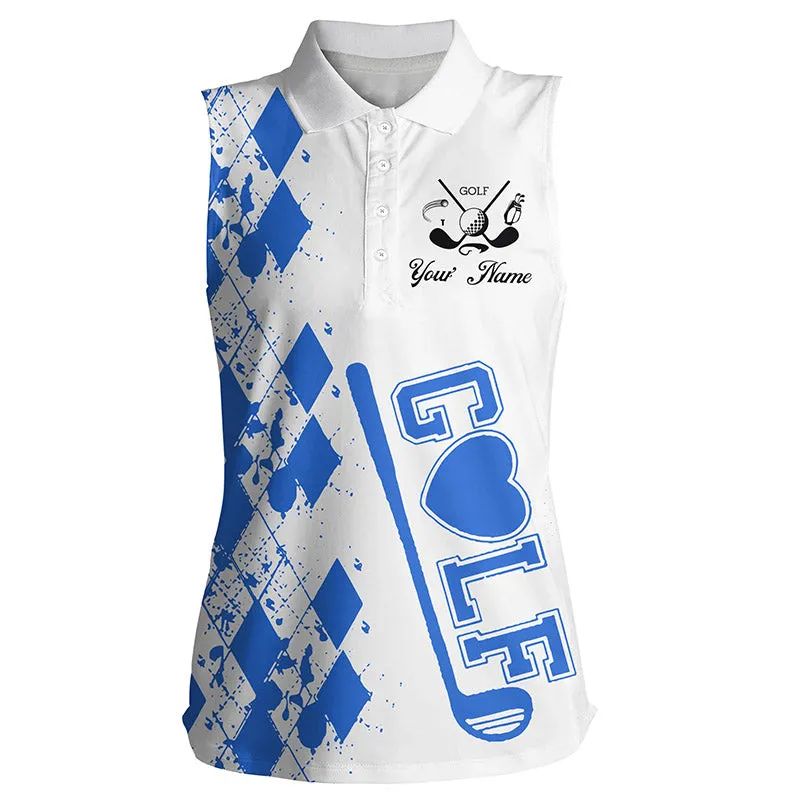 Womens Sleeveless Golf Polo Shirt Custom Name Watercolor Golf Clubs White Golf Shirt For Women