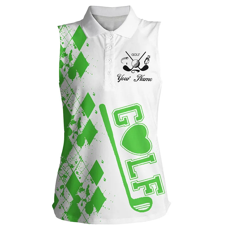 Womens Sleeveless Golf Polo Shirt Custom Name Watercolor Golf Clubs White Golf Shirt For Women