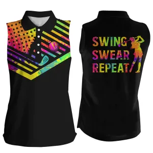 Women's sleeveless golf polo shirt, watercolor American flag swing swear repeat black golf shirt