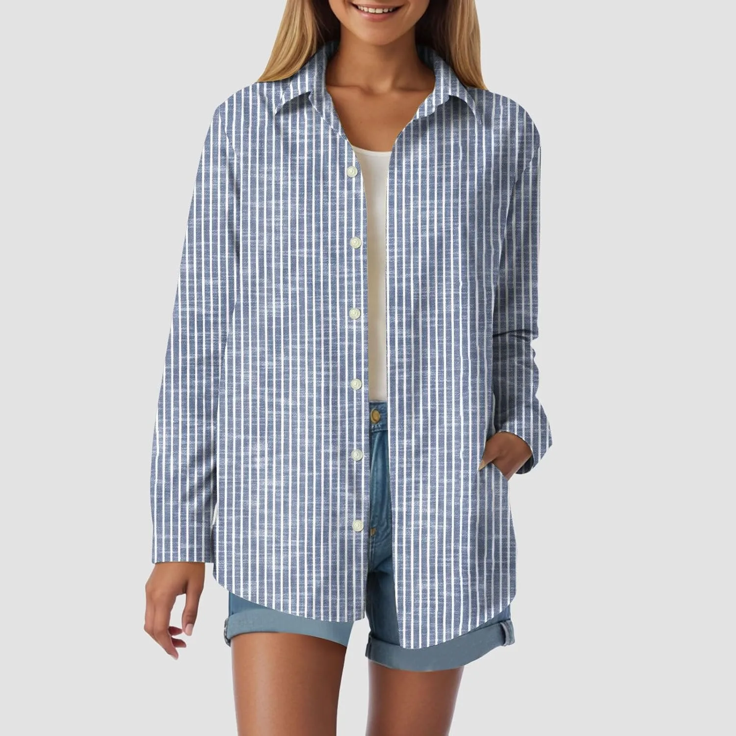 Womens Striped Printed Button Down Shirt Casual Hawaiian Long Sleeve Dressy Blouse Top