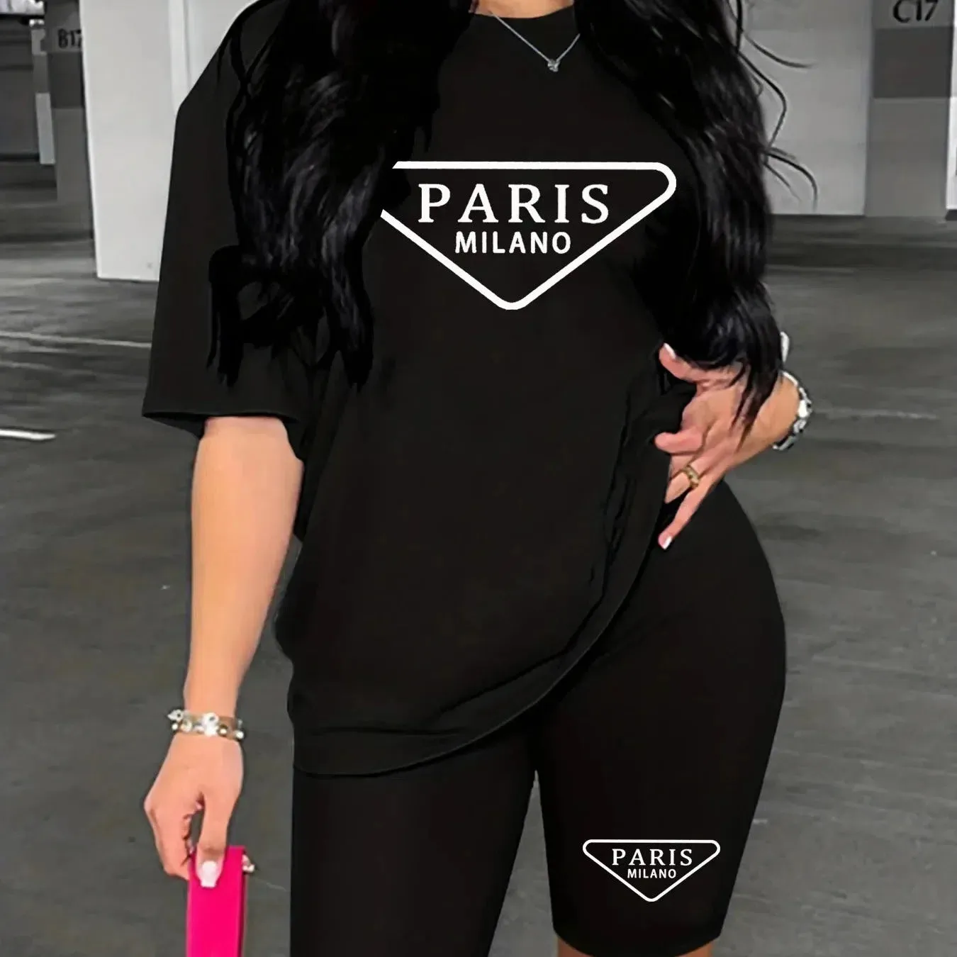 Women's Summer Casual Loose Fit Large Size PARIS Print T-Shirt and Shorts Set