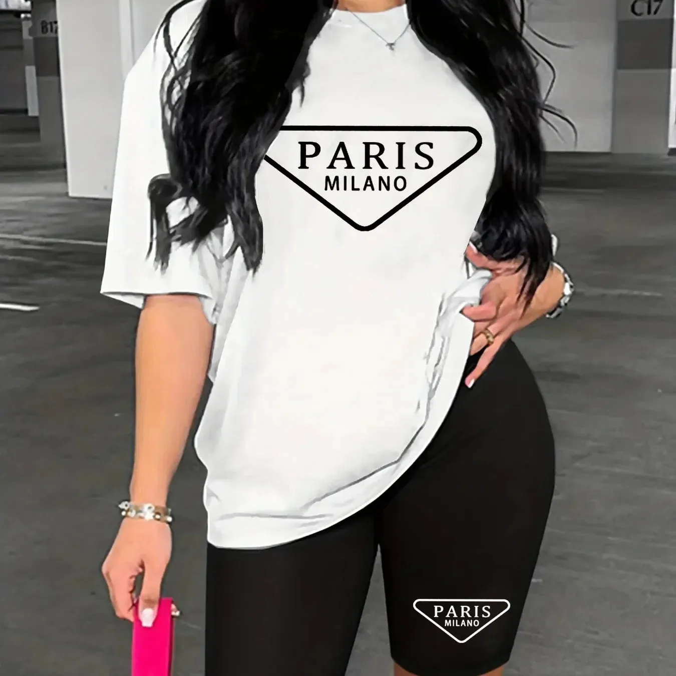 Women's Summer Casual Loose Fit Large Size PARIS Print T-Shirt and Shorts Set