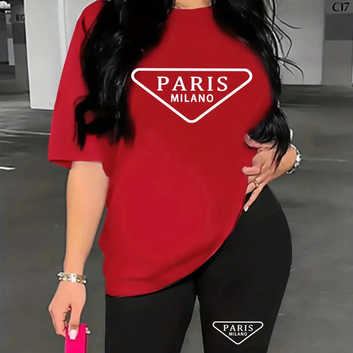 Women's Summer Casual Loose Fit Large Size PARIS Print T-Shirt and Shorts Set