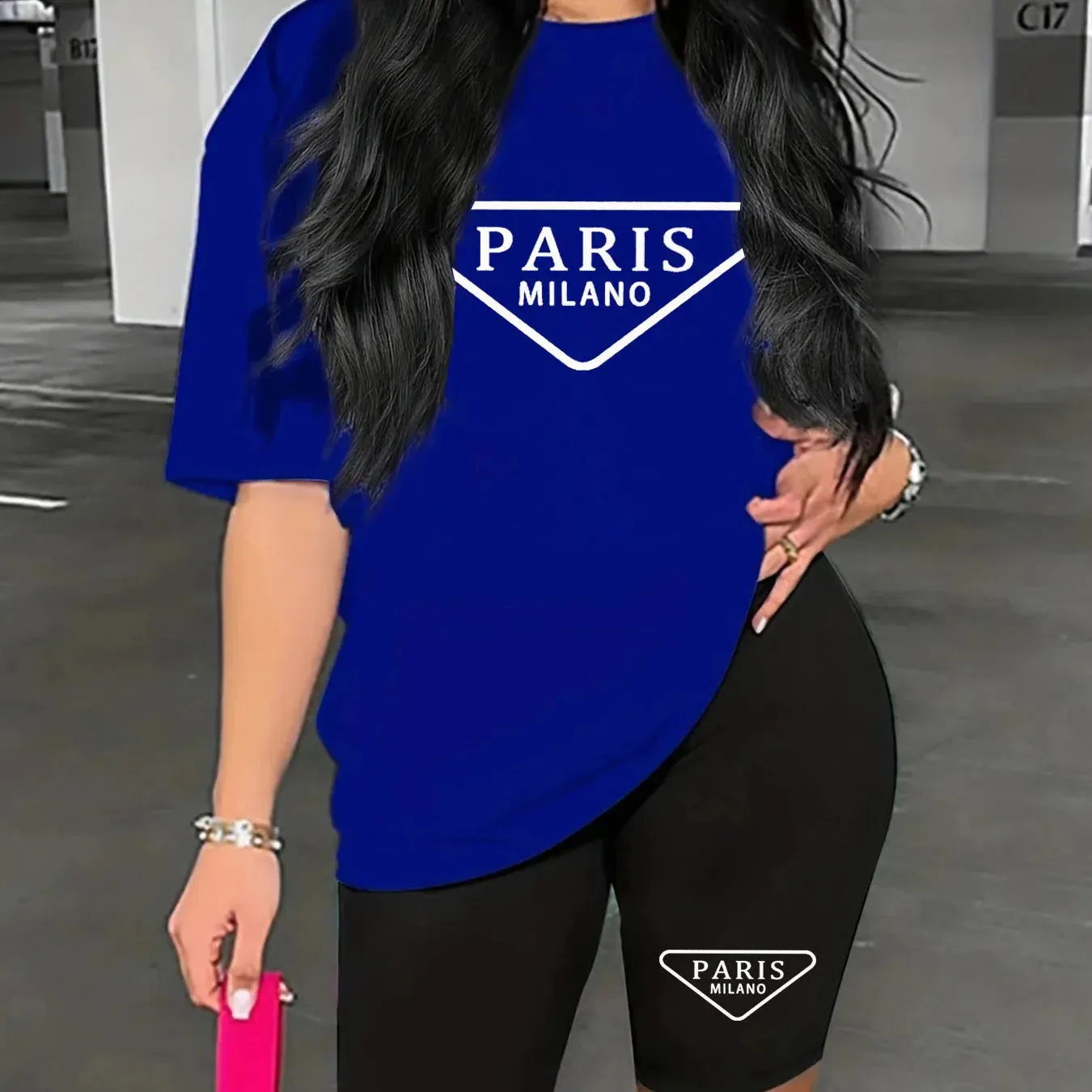 Women's Summer Casual Loose Fit Large Size PARIS Print T-Shirt and Shorts Set