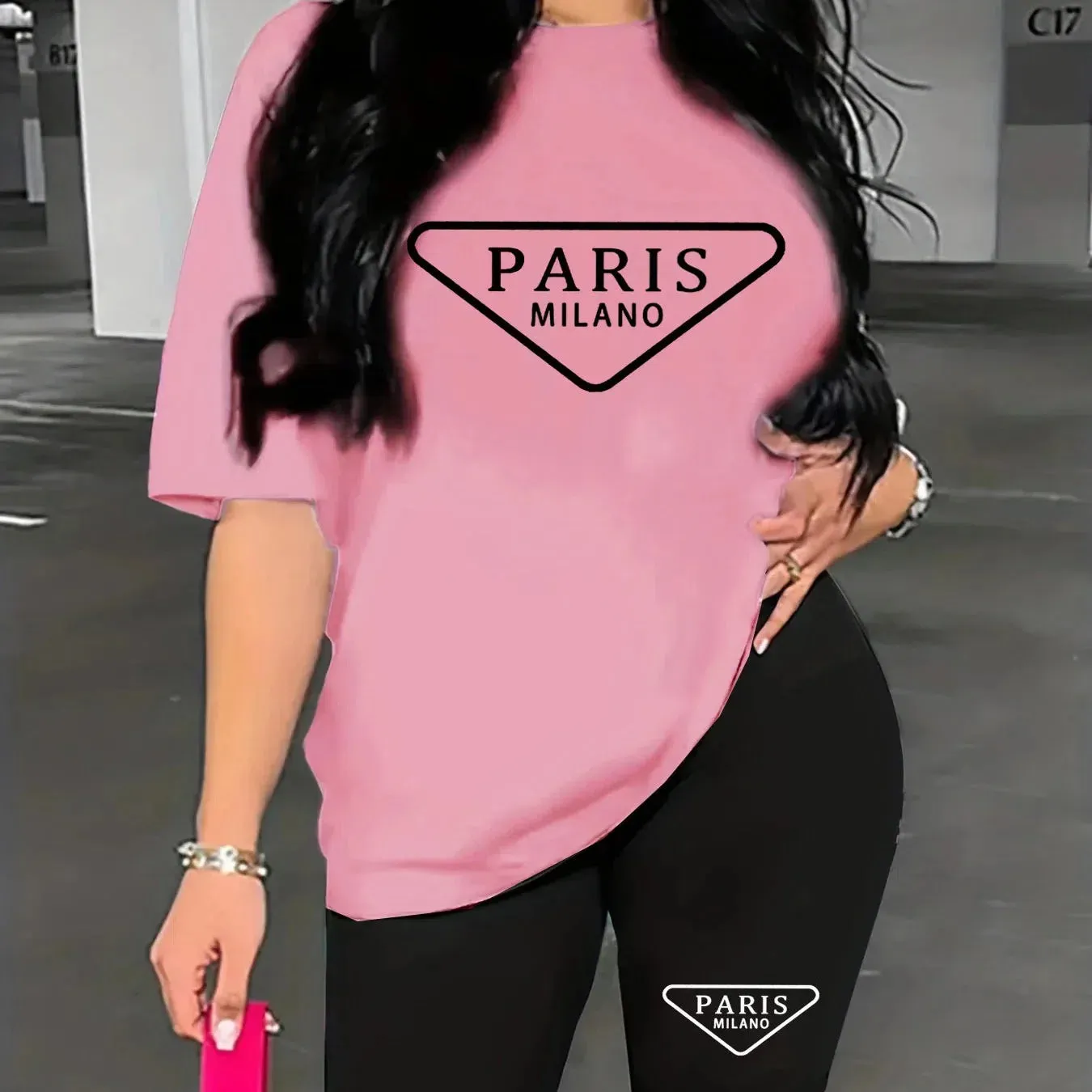 Women's Summer Casual Loose Fit Large Size PARIS Print T-Shirt and Shorts Set