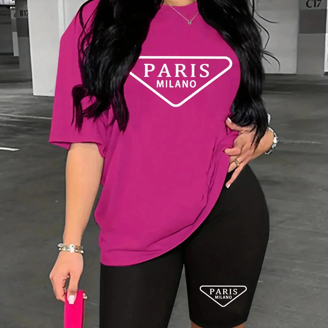 Women's Summer Casual Loose Fit Large Size PARIS Print T-Shirt and Shorts Set