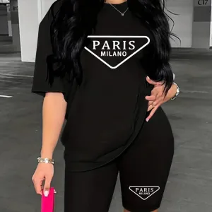 Women's Summer Casual Loose Fit Large Size PARIS Print T-Shirt and Shorts Set