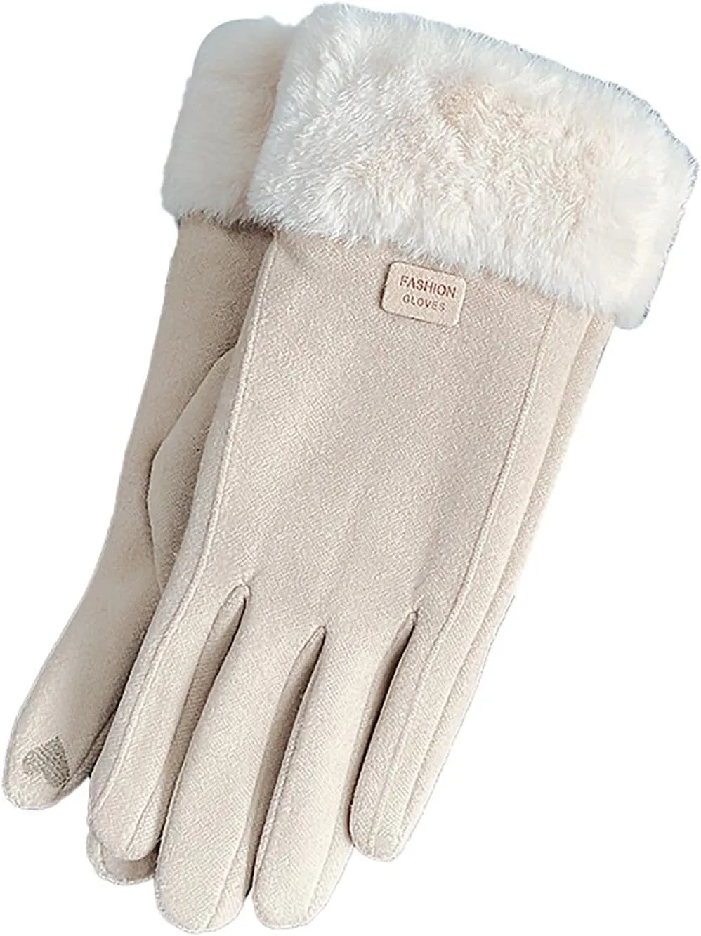 Women's Warm Suede Touchscreen Texting Gloves Winter Thicken Pluffy Driving Gloves (Beige, One Size)