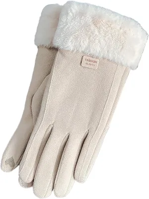 Women's Warm Suede Touchscreen Texting Gloves Winter Thicken Pluffy Driving Gloves (Beige, One Size)