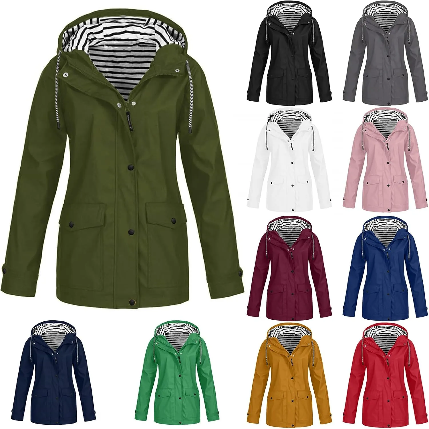 Womens Waterproof Jacket Striped Lined Hooded Lightweight Raincoat Active Outdoor Rain Jacket